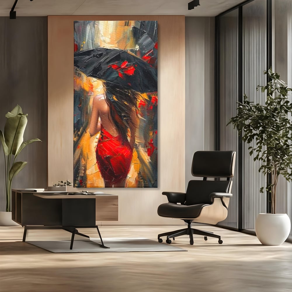 Tablou canvas cu pictura cu femeie si umbrela rosie, fara rama, pe sasiu de lemn, pe perete intr-un birou